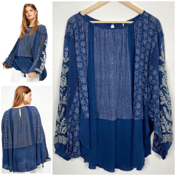 Free People Indigo Dreams Embroidered Mesh Tunic Top Oversized Navy Blue XS NWT - Picture 1 of 13
